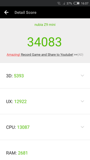 ZTE nubia Z9 mini набрал 34 083 балла в тесте AnTuTu Benchmark 6.2.6